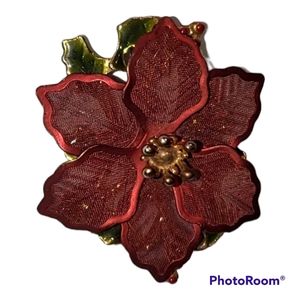 KENNETH COLE Metal Mesh Poinsettia Christmas Brooch Green Leaves 2"